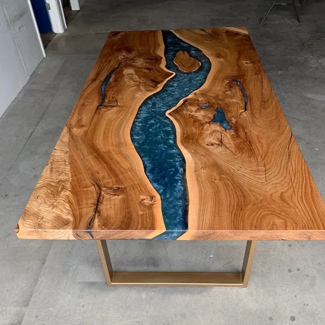 Table à manger rivière Azergues, résine bleue — tables à manger epoxy