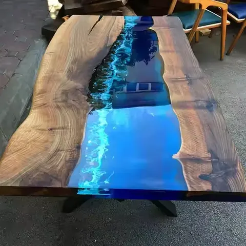 Table à manger rivière Bourbre, résine bleue — tables à manger epoxy