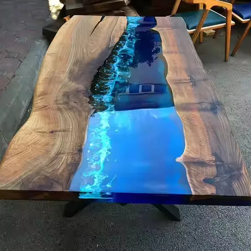 Table à manger rivière Bourbre, résine bleue — ATELIER RIVIÈRE, fabrication à la commande