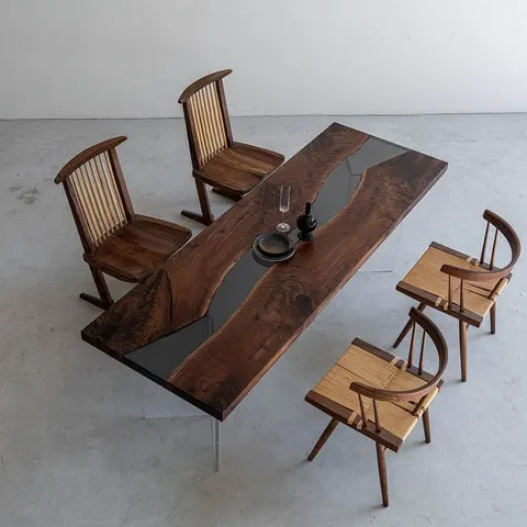 Table à manger rivière Boutonne teinte noyer, résine transparente — tables à manger epoxy