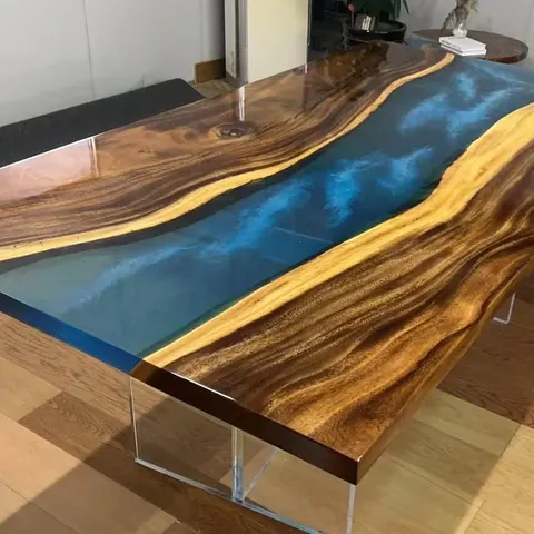 Table à manger rivière Cosson, résine bleue — tables à manger epoxy