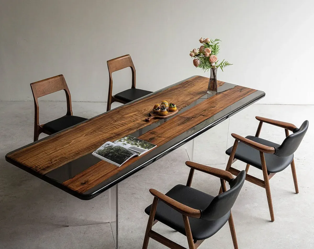 Table à manger rivière Creuse teinte noyer, résine noire — ATELIER RIVIÈRE, fabrication à la commande
