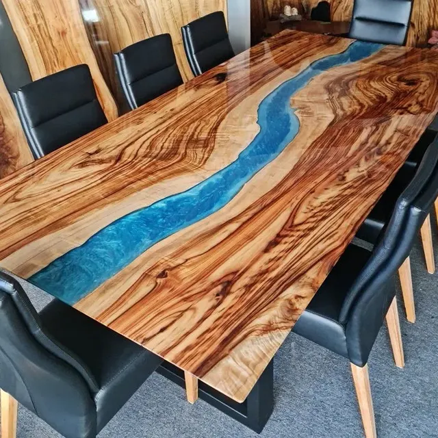 Table à manger rivière Cure, résine bleue — tables à manger epoxy