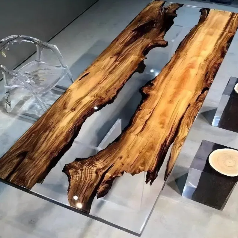 Table à manger rivière Dadou, résine transparente — ATELIER RIVIÈRE, fabrication à la commande