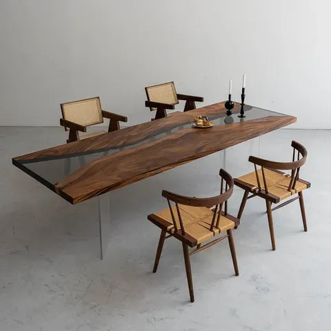 Table à manger rivière Dadou teinte noyer, résine noire — tables à manger epoxy