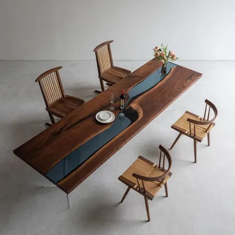 Table à manger rivière Dronne teinte noyer, résine bleue — tables à manger epoxy