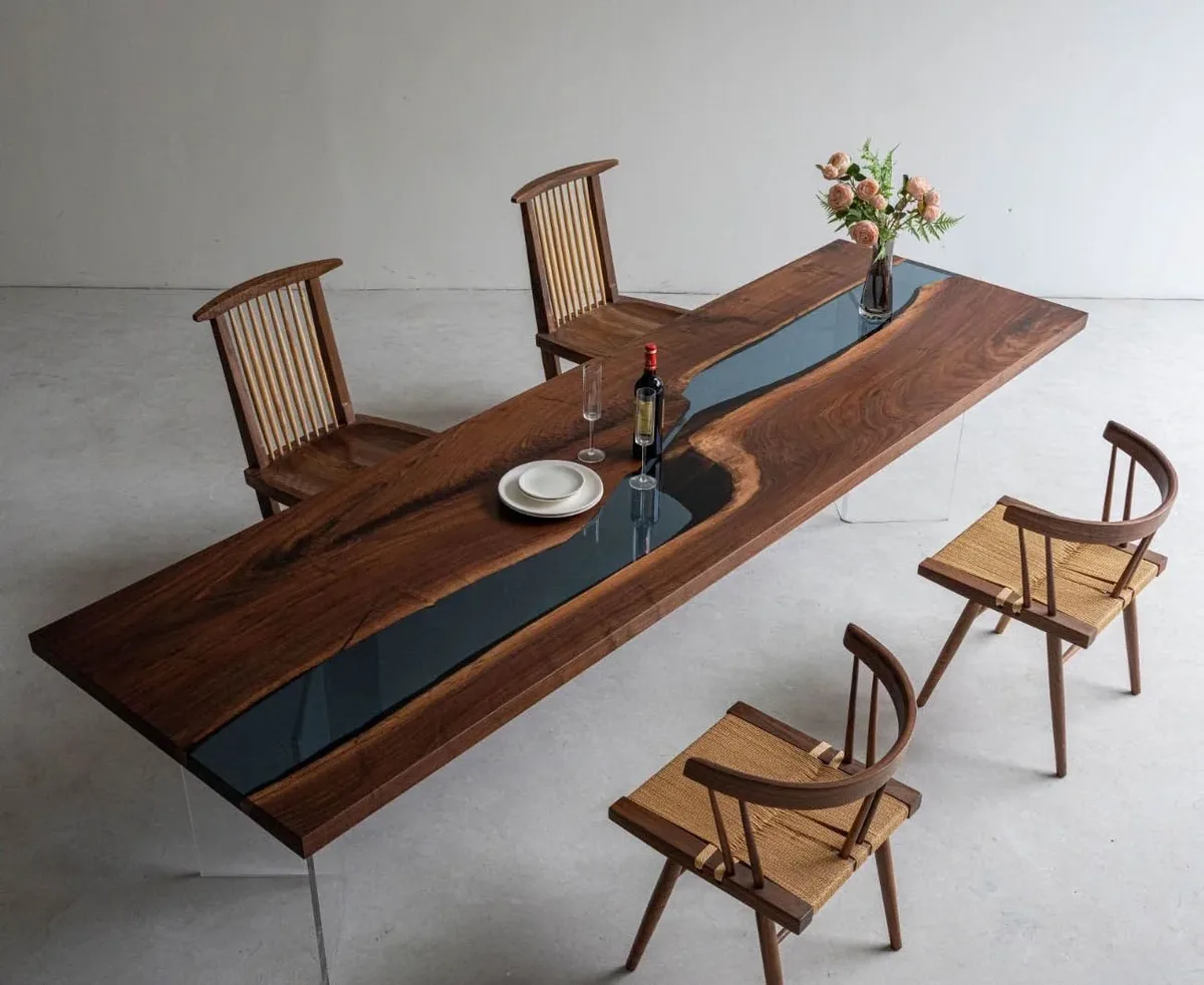 Table à manger rivière Dronne teinte noyer, résine bleue, vue 2 sur 4