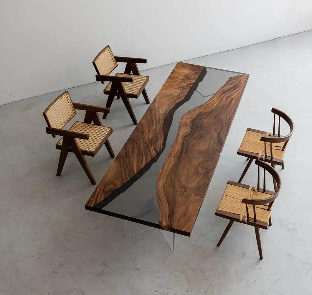 Table à manger rivière Dronne teinte noyer, résine transparente — ATELIER RIVIÈRE, fabrication à la commande