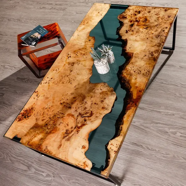 Table à manger rivière Gave, résine verte — tables à manger epoxy