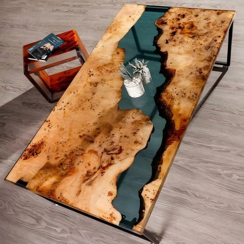 Table à manger rivière Gave, résine verte, vue 2 sur 2