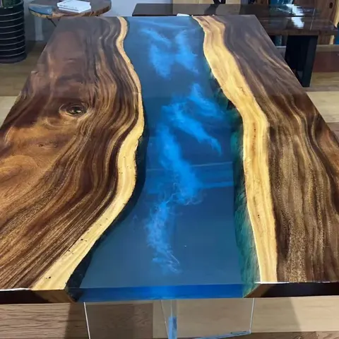 Table à manger rivière Gère, résine bleue — tables à manger epoxy