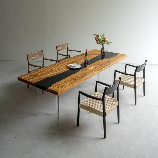 Table à manger rivière Gers teinte chêne, résine noire — tables à manger epoxy