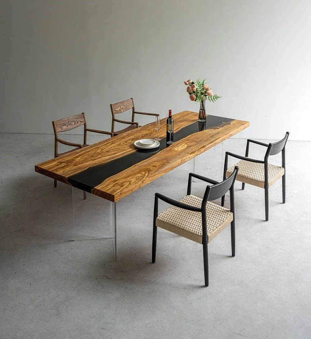 Table à manger rivière Gers teinte chêne, résine noire — ATELIER RIVIÈRE, fabrication à la commande