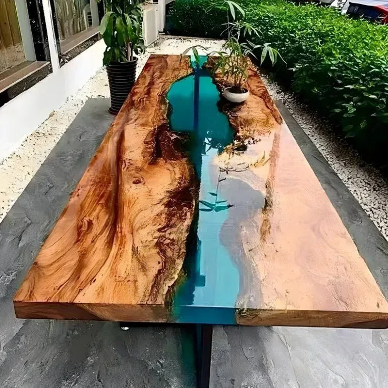 Table à manger rivière Hérault, résine bleue, vue 2 sur 2