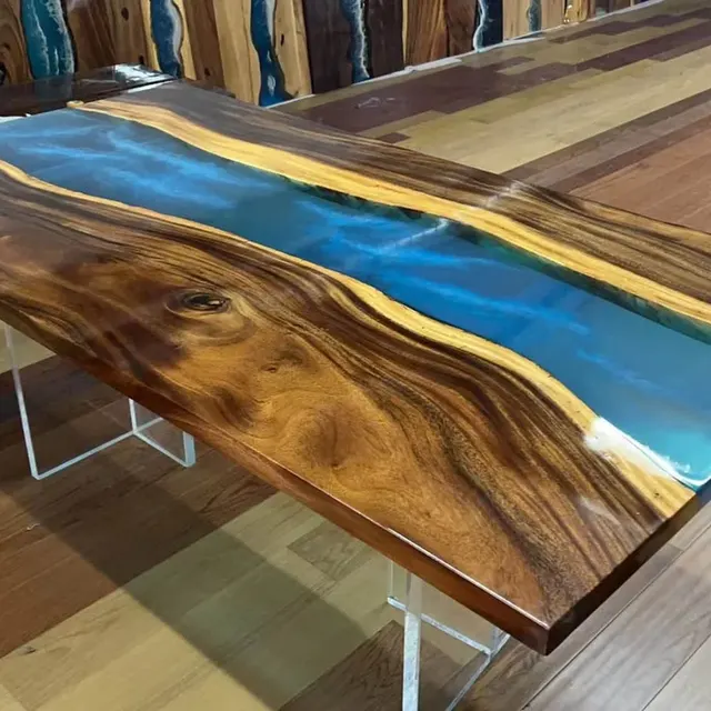 Table à manger rivière Ill, résine bleue — tables à manger epoxy