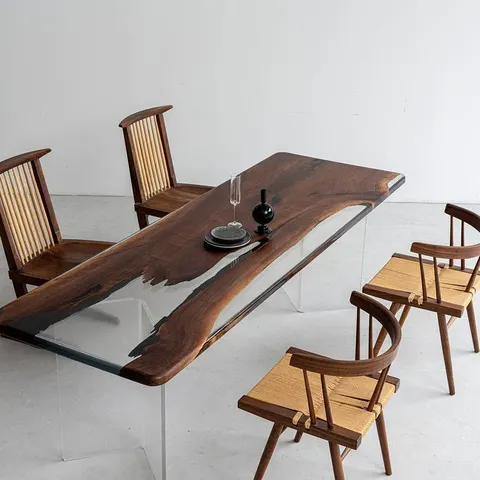 Table à manger rivière Leyre teinte noyer, résine transparente — tables à manger epoxy