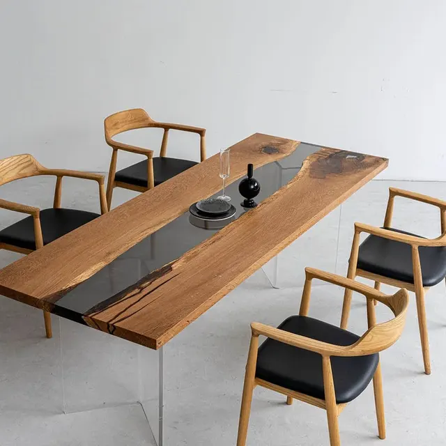 Table à manger rivière Midouze teinte chêne, résine noire — tables à manger epoxy