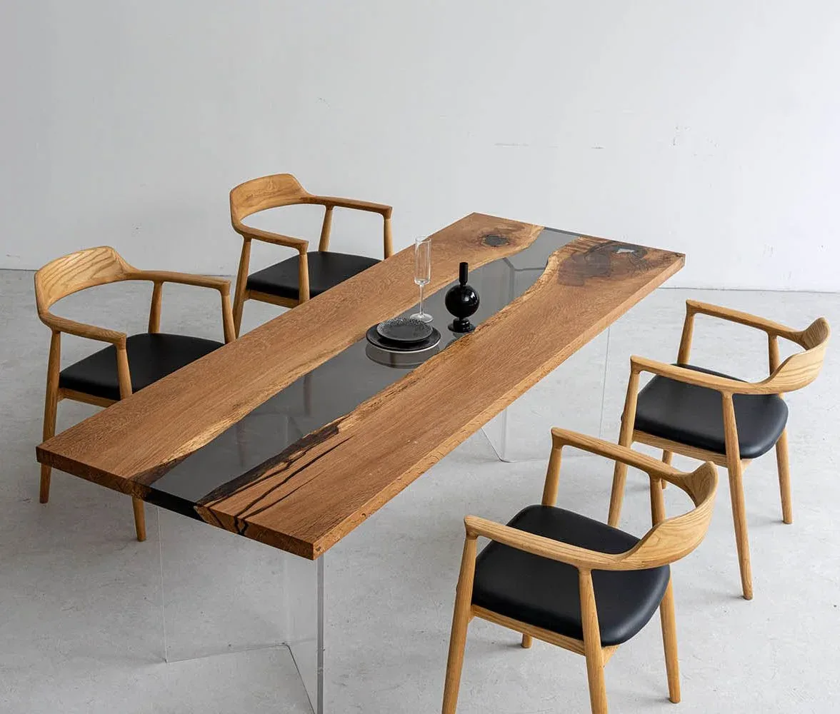 Table à manger rivière Midouze teinte chêne, résine noire — ATELIER RIVIÈRE, fabrication à la commande