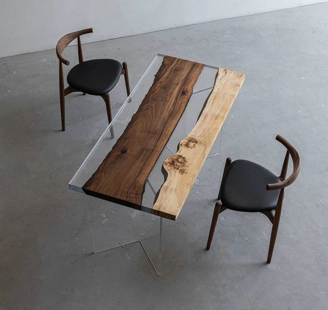Table à manger rivière Moselle, résine transparente — ATELIER RIVIÈRE, fabrication à la commande