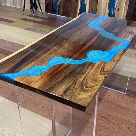Table à manger rivière Odet, résine bleue — tables à manger epoxy