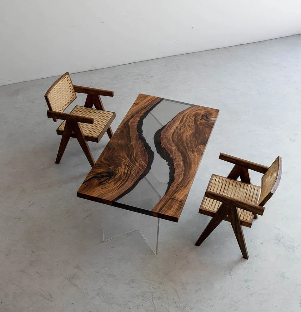 Table à manger rivière Orb teinte noyer, résine transparente — ATELIER RIVIÈRE, fabrication à la commande