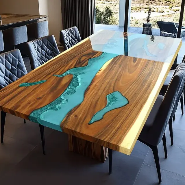 Table à manger rivière Oust, résine bleue — tables à manger epoxy