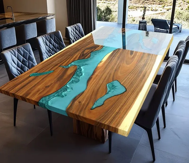Table à manger rivière Oust, résine bleue — ATELIER RIVIÈRE, fabrication à la commande