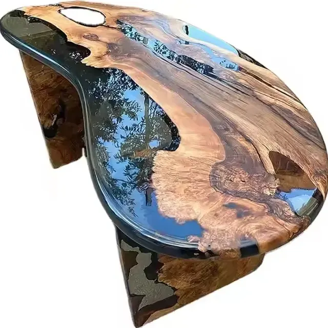 Table à manger rivière ovale Albarine, résine bleue — tables à manger epoxy