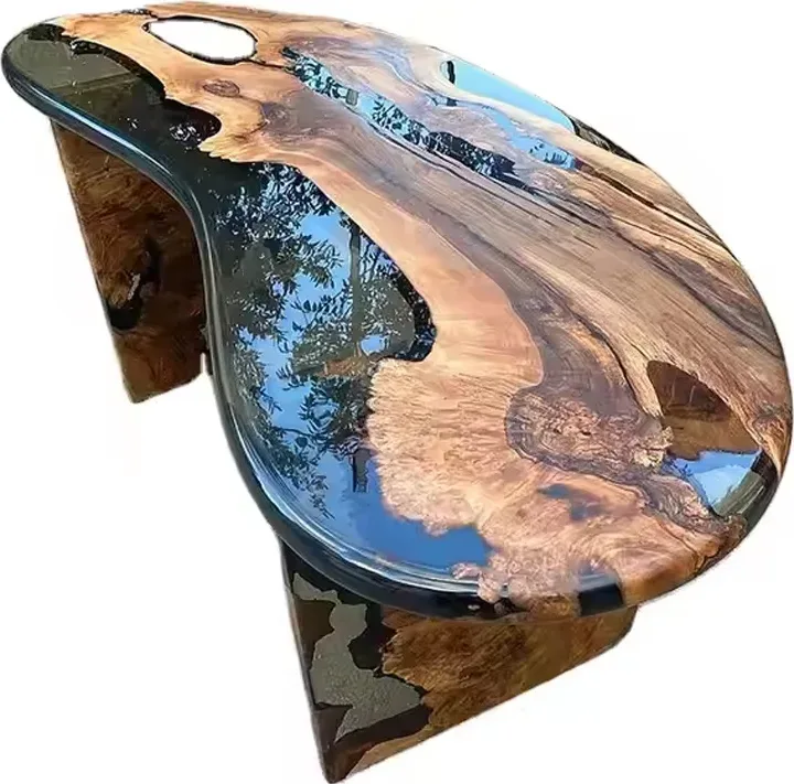 Table à manger rivière ovale Albarine, résine bleue — ATELIER RIVIÈRE, fabrication à la commande