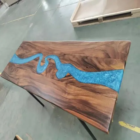 Table à manger rivière Rance, résine bleue — tables à manger epoxy