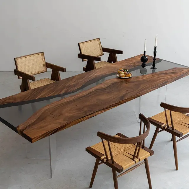 Table à manger rivière Restonica teinte noyer, résine transparente — tables à manger epoxy