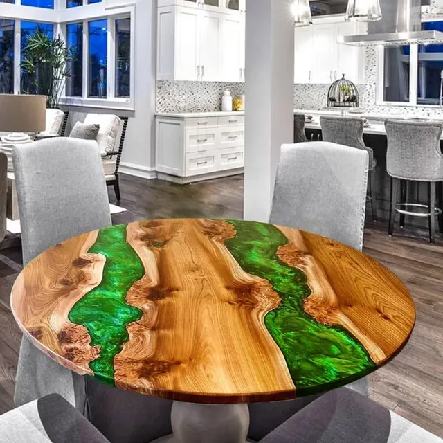 Table à manger rivière ronde Borne, résine verte — tables à manger epoxy