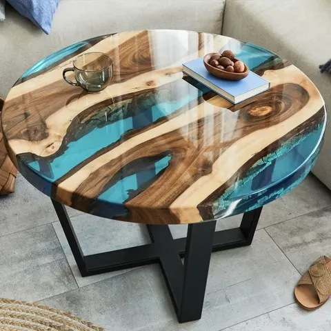 Table à manger rivière ronde Canche, résine bleue — tables à manger epoxy