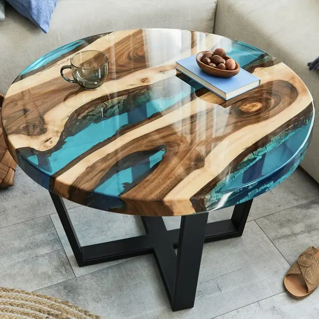 Table à manger rivière ronde Canche, résine bleue — tables à manger epoxy