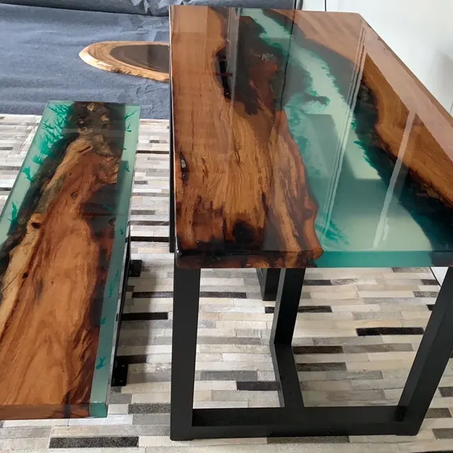 Table à manger rivière Scorff, résine verte — tables à manger epoxy