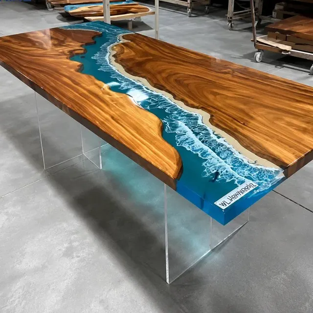 Table à manger rivière Sélune, résine bleue — tables à manger epoxy