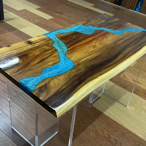 Table à manger rivière Somme, résine bleue — tables à manger epoxy
