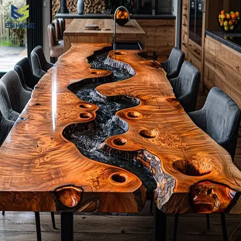 Table à manger rivière Turdine, résine noire — tables à manger epoxy