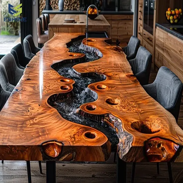 Table à manger rivière Turdine, résine noire — tables à manger epoxy