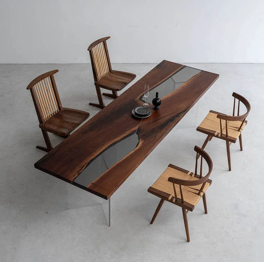 Table à manger rivière Ubaye teinte noyer, résine noire, vue 2 sur 2