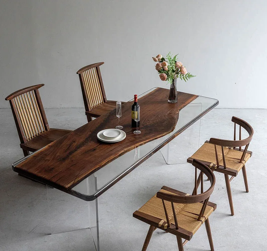 Table à manger rivière Vienne teinte noyer, résine transparente — ATELIER RIVIÈRE, fabrication à la commande