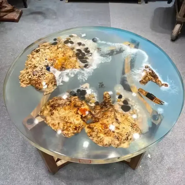 Table basse epoxy ronde Bidouze, résine transparente — tables basses