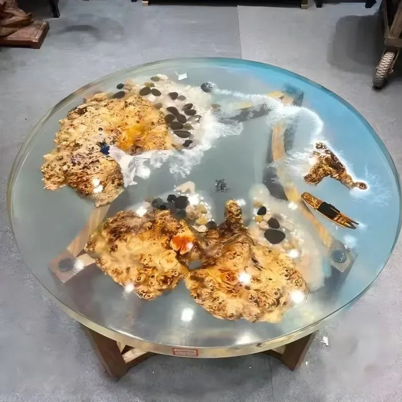 Table basse epoxy ronde Bidouze, résine transparente, vue 2 sur 2