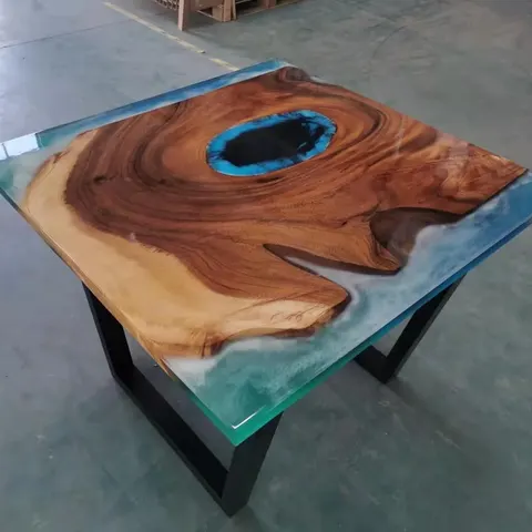 Table basse epoxy Sélune, résine bleue — tables basses
