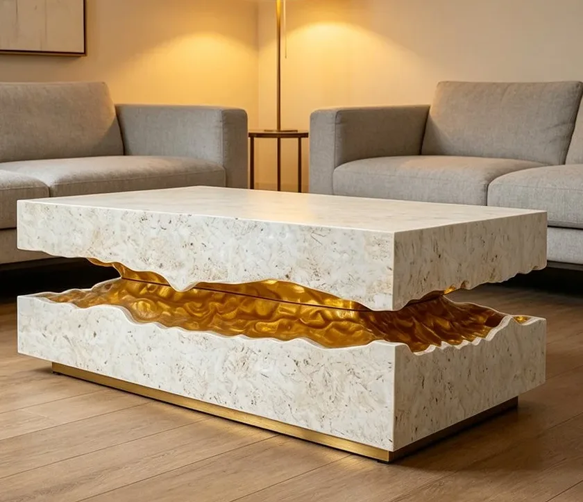 Table basse rivière en pierre Cher, résine ambre — ATELIER RIVIÈRE, fabrication à la commande