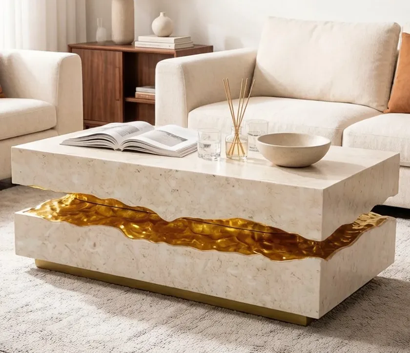 Table basse rivière en pierre Cher, résine ambre, vue 2 sur 7