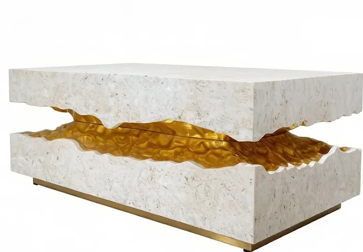 Table basse rivière en pierre Cher, résine ambre, vue 4 sur 7