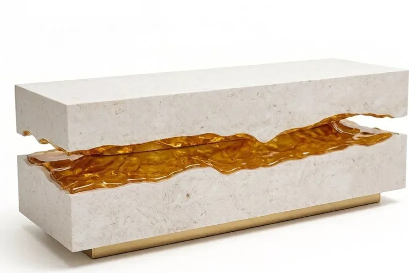 Table basse rivière en pierre Cher, résine ambre, vue 5 sur 7