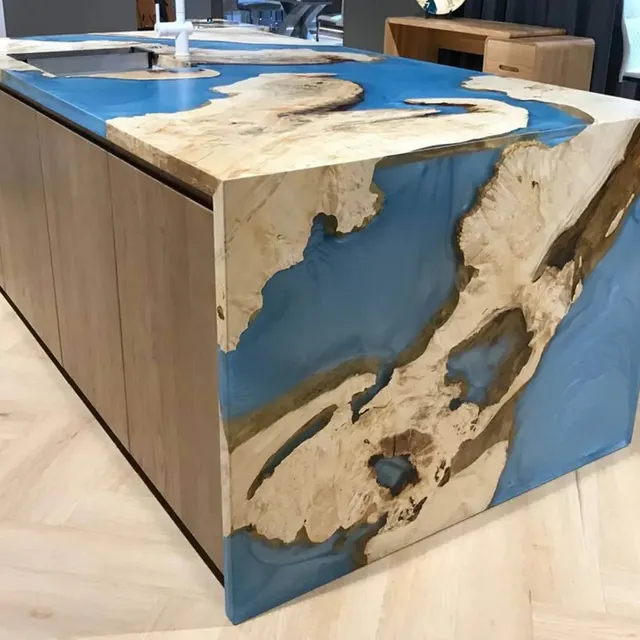 Table haute epoxy Aude, résine bleue — bureaux et tables hautes